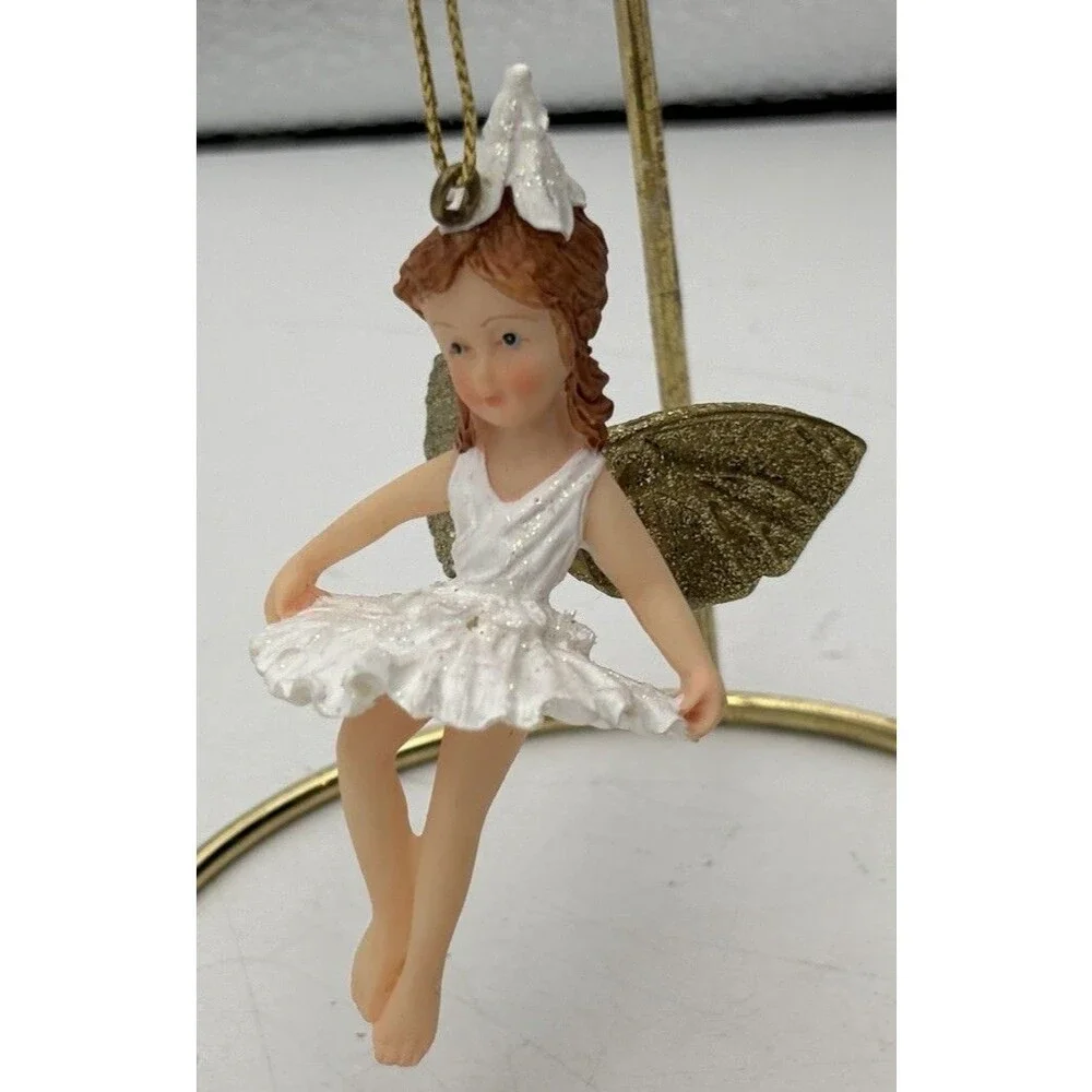 Fairy Christmas Ornaments Set of 2 White Glitter Dress Gold Wings Miniature